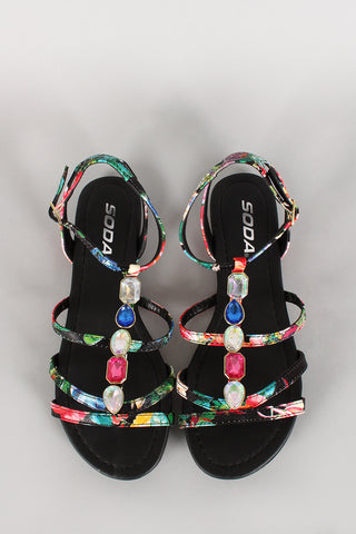 Soda Floral Jeweled Strappy Open Toe Flat Sandal