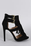 Qupid Double Buckle Falling Fringe Peep Toe Heel