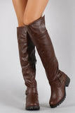 Bamboo Fold Over Cuff Contrast Zipper Studded Riding Knee High Boot