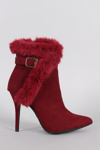 Anne Michelle Buckle Faux Fur Collar Pointy Toe Stiletto Ankle Boots