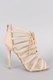 Qupid Mesh Lace Up Peep Toe Stiletto Heel