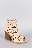 Qupid Lace Up Cutout Peep Toe Chunky Heel