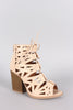 Qupid Lace Up Cutout Peep Toe Chunky Heel