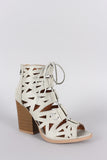 Qupid Lace Up Cutout Peep Toe Chunky Heel