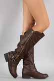 Qupid Diagonal Zip Up Buckled Hardness Riding Knee High Boots