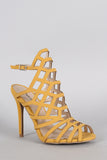 Qupid Nubuck Caged Peep Toe Stiletto Heel