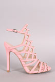 Qupid Nubuck Caged Peep Toe Stiletto Heel