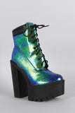 Iridescent Lug Sole Lace Up Chunky Platform Heeled Ankle Boots