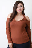 Ribbed Knit Halter Neck Cold Shoulder Long Sleeves Top