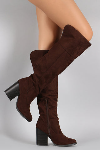 Qupid Suede Chunky Stacked Heeled Knee High Boots