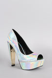 Qupid Iridescent Snakeskin Peep Toe Platform Pump