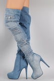 Distressed Denim Almond Toe Over-The-Knee Boots