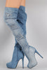 Distressed Denim Almond Toe Over-The-Knee Boots