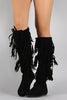 Lace Up Suede Fringe Knee High Boots