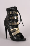 Strappy Metallic Shield Combat Lace Up Stiletto Booties