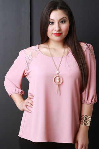 Lace Trim Three Quarter Sleeves Necklace Blouse