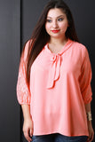 Floral Lace Quarter Sleeves Tie Neck Chiffon Blouse