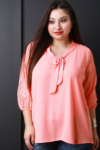 Floral Lace Quarter Sleeves Tie Neck Chiffon Blouse