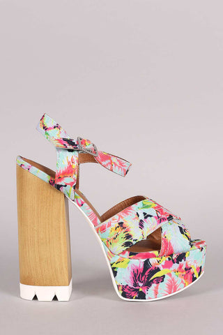 Qupid Floral X-Band Ankle Strap Faux Wooden Platform Heel