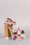 Qupid Floral X-Band Ankle Strap Faux Wooden Platform Heel