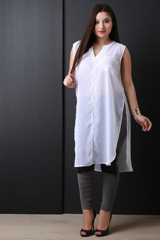 Chiffon Sleeveless Deep Slit Longline Tunic Top