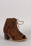 Suede Fringe Lace Up Chunky Heeled Ankle Boots