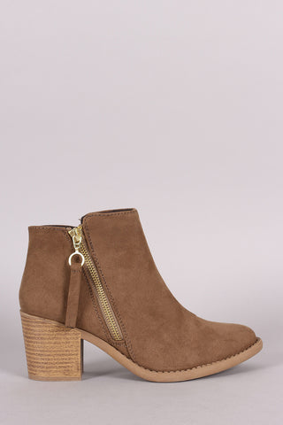 Qupid Suede Side Zipper Stacked Heel Booties