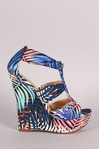 Liliana Palm Leaves Print Zipper Platform Wedge