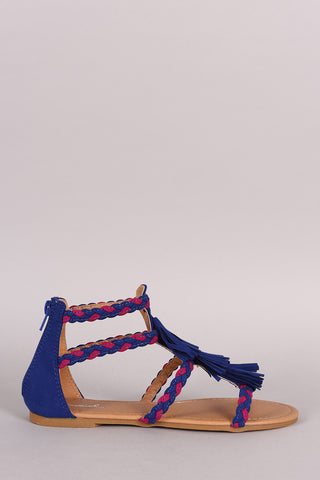 Qupid Tassel Strappy Braids Gladiator Flat Sandal