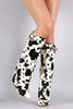 Cow Print Twist-Lock Fold Down Shaft Knee High Wedge Boots