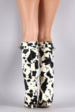 Cow Print Twist-Lock Fold Down Shaft Knee High Wedge Boots