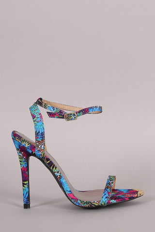 Qupid Floral Print Gold Tip Ankle Strap Stiletto Heel