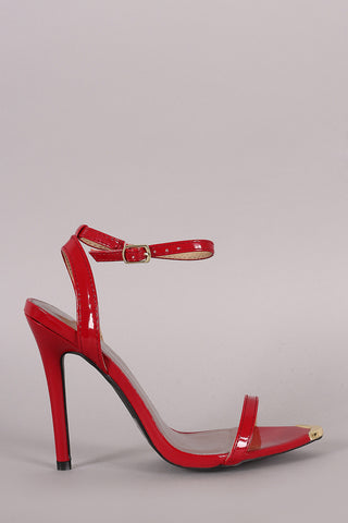 Qupid Patent Gold Tip Ankle Strap Stiletto Heel