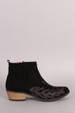 Qupid Suede Embroidered Western Ankle Boots