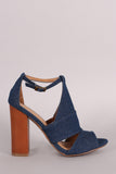 Bamboo Denim Slit Mule Peep Toe Wooden Heel