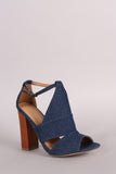 Bamboo Denim Slit Mule Peep Toe Wooden Heel