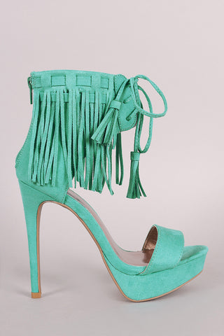 Qupid Suede Lace Up Fringe Cuff Stiletto Platform Heel