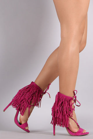 Shoe Republic LA Fringe Lace Cuff Open Toe Heel