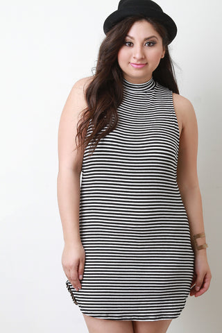 Striped Mock Neck Sleeveless Tunic Dress