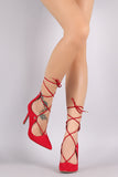 Qupid Suede Pointy Toe Lace Up Stiletto Pump