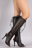 Perforated Peep Toe Lace Up Knee High Boots