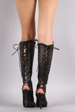 Perforated Peep Toe Lace Up Knee High Boots