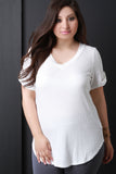 V-neck Tab Sleeve Round Hem Top