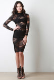 Semi-Sheer Fishnet Patterned Keyhole Midi Dress