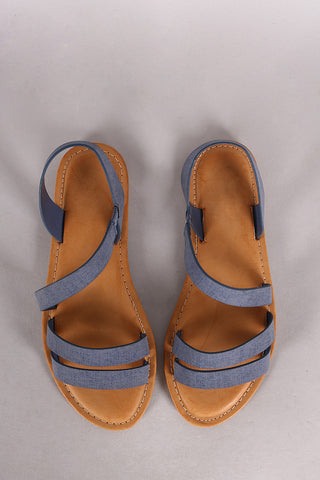 Bamboo Denim Print Strappy Asymmetrical Flat Sandal