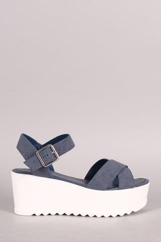 Bamboo Denim Crisscross Ankle Strap Lug Sole Flatform Wedge