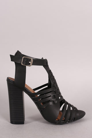 Bamboo Buckled Strappy Woven Chunky Heel