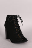 Bamboo Perforated Lace Up Chunky Heeled Booties