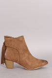 Qupid Suede Fringe Pointy Toe Chunky Heeled Booties