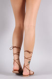 Qupid Perforated Suede Pointy Toe Lace Up Flat